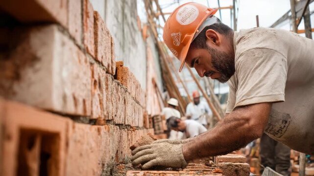Construction worker carefully laying bricks to build a wall on a sunny day