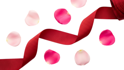 Red ribbon and rose petals on white background isolated on transparent background