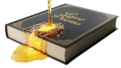 Honey pouring on a book of love poems isolated on transparent background