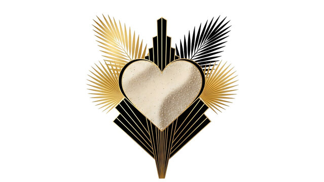Golden heart art deco design with black and gold background isolated on transparent background