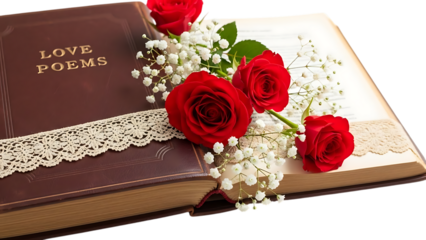 Love poems book with red roses and baby's breath isolated on transparent background