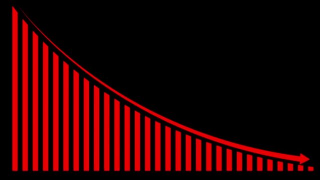 Red Bar Graph with Downward Arrow on Black Background. Developing company failure, decreasing business bar chart, Bad Economy Recession,