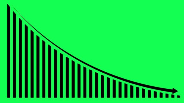 Black Bar Graph with Downward Arrow on Green Background. Developing company failure, decreasing business bar chart, Bad Economy Recession,