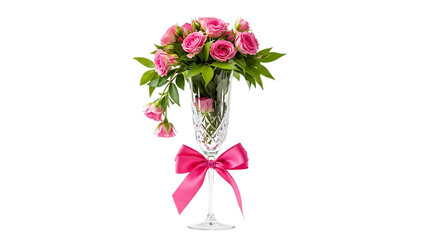 Obraz premium Beautiful pink roses bouquet in crystal glass vase with ribbon isolated on transparent background