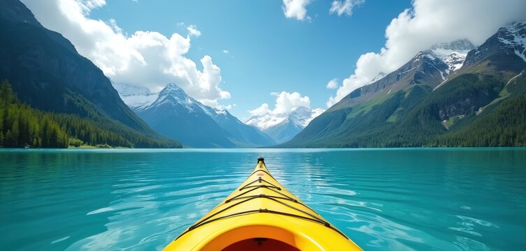 Yellow kayak glides on calm turquoise lake water. Snow capped mountains rise above green forested slopes under a blue sky with clouds. Peaceful nature scene. - Powered by Adobe