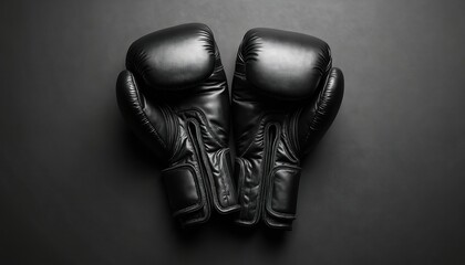Pair of black boxing gloves rests on dark surface. Professional sports gear ready for fight training or competition. Heavy equipment for combat sport.