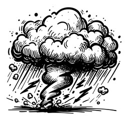 Tornado storm with lightning and dark clouds, natural disaster weather concept sketch vector illustration