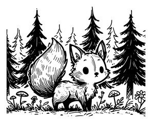 Obraz premium Cute fox standing in pine forest with mushrooms, woodland wild animal sketch vector illustration
