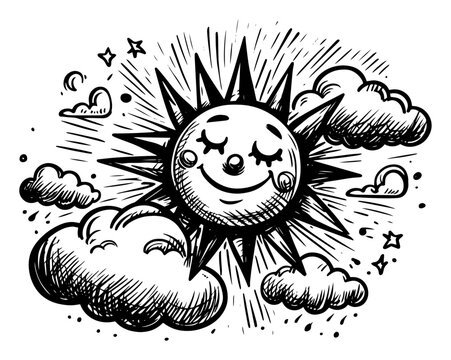Cute smiling sun sleeping in clouds with stars, celestial weather mascot sketch vector illustration