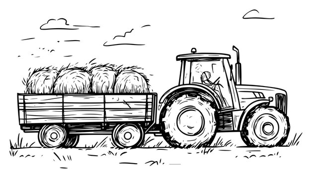 Tractor pulling trailer with hay bales, agriculture harvest farm sketch vector illustration