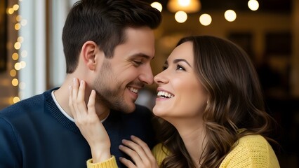 A romantic couple sharing a tender moment on Valentines day with love and affection in their eyes.