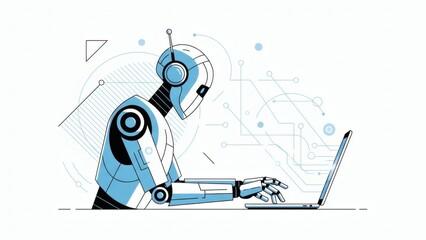 The robot using a laptop in a technology background
