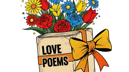 Beautiful flowers in a book with love poems written on it isolated on transparent background