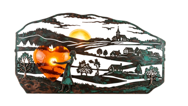 Woman holding heart shaped lantern in countryside at sunset isolated on transparent background - Powered by Adobe