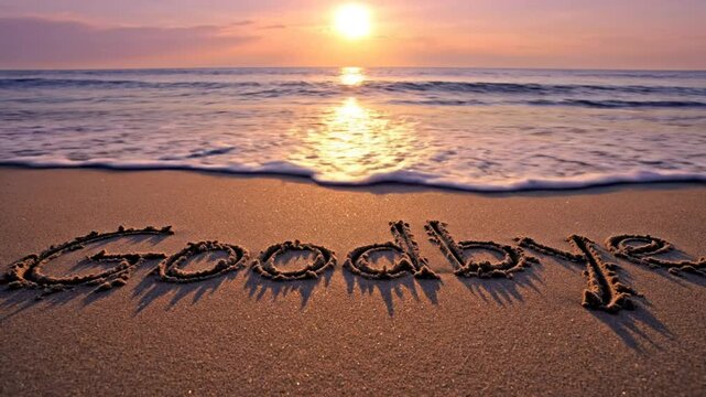 Goodbye Written In Sand On Beach At Sunset With Golden Sun Reflection Calm Ocean And Peaceful Farewell Scene