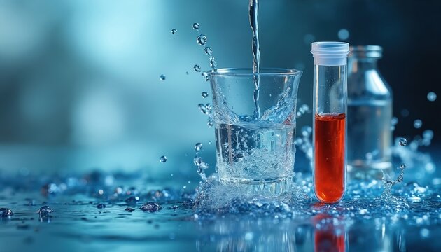 Water sample poured into glass beaker with test tube containing red liquid nearby. Liquid splashes create dynamic motion. Laboratory equipment suggests scientific analysis for purity.