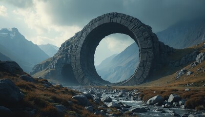 Massive stone ring structure sits in rugged mountain valley with stream flowing through rocky terrain. Sky is cloudy over dramatic, remote natural landscape. This archway opens to distant peaks.