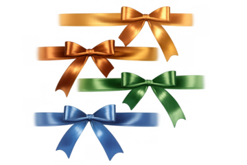 Ribbon bows and gift wrapping bands in festive colors creating elegant decorations, transparent background