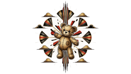 Teddy bear surrounded by abstract shapes isolated on transparent background