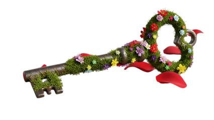 Floral key with red wings and greenery isolated on transparent background