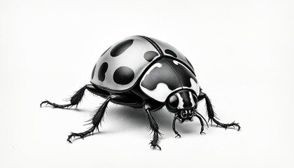 Detailed black and white illustration of a ladybug on a plain white background. The insect has black spots on its grey shell and sharp legs. Minimalist graphic insect artwork for nature themes.