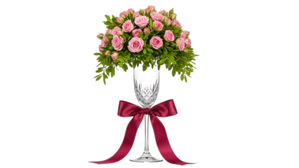 Beautiful pink roses bouquet in crystal vase with red ribbon isolated on transparent background