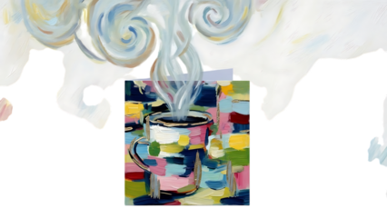 Steaming cup of coffee on a colorful background isolated on transparent background