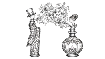 Elegant perfume bottles emitting floral fragrance isolated on transparent background