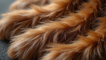 Brown animal fur close up texture. Macro shot of soft hairy material with detailed strands. Natural fiber surface with warm tones. Close view of fluffy warm pelt.