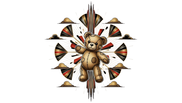 Teddy bear surrounded by abstract shapes isolated on transparent background - Powered by Adobe