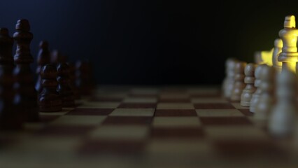 Dynamic video sequence of chess pieces positioned on a slowly rotating chessboard, symbolizing the intellectual confrontation between black and white opposing forces in strategic gameplay. Semi