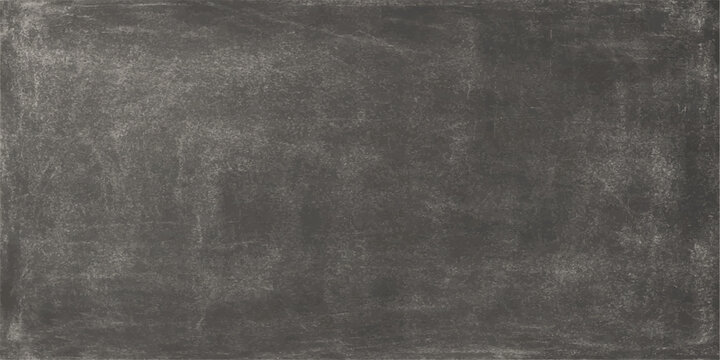A vintage dark chalkboard surface with a grunge textured pattern and an old gray frame features a blank black canvas with scattered white chalk. textured, grey, paper, wallpaper