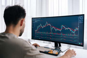 Rear view of young focused man monitoring stock market activity on ultrawide computer screen, analyzing financial data and trading charts for investment growth and cryptocurrency exchange.