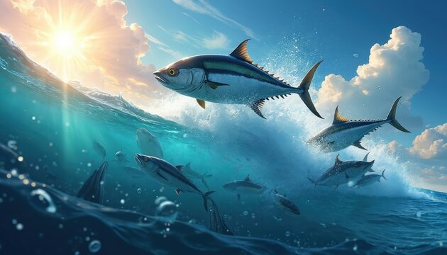 Tuna school jumps from blue ocean wave under bright sun. Many fish swim fast in sea splash. Dynamic aquatic life motion, wild marine nature.