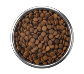 Top down view of a bowl filled with dog food kibble isolated on transparent background
