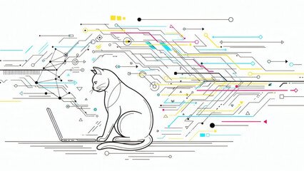 Cat using laptop in a tech background