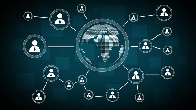 Businessman touch button interface web map icon. People communication chain system animation background. 4k video