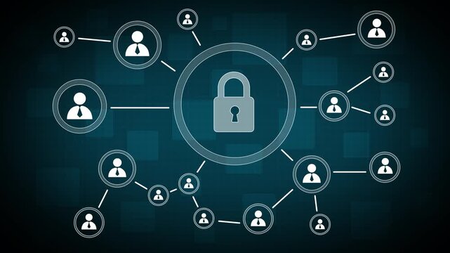 Button lock security business web icon. People communication chain system animation background. 4k video