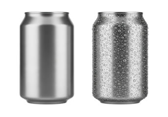 Two blank silver aluminum cans: one dry matte, one wet with condensation, on transparent background with reflections, UHD product shot. Concept for beverage advertising