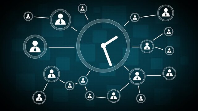 Business web clock time sign button. People communication chain system animation background. 4k video