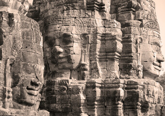Naklejka premium Bayon temple in Siem Reap Cambodia. The Bayon is a well-known and richly decorated Khmer temple at Angkor in Cambodia.