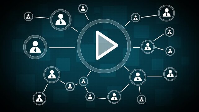 Business button play icon connection web communication. People communication chain system animation background. 4k video