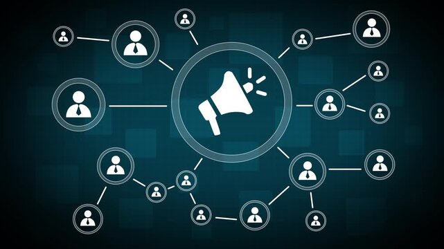 Hand holding megaphone icon on technology. People communication chain system animation background. 4k video