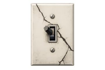 Cracked light switch plate with broken toggle, showing old electrical damage, decay and power failure concept