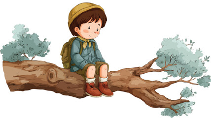 Young Adventurous Boy Sitting on Tree - Cartoon Vector Illustration