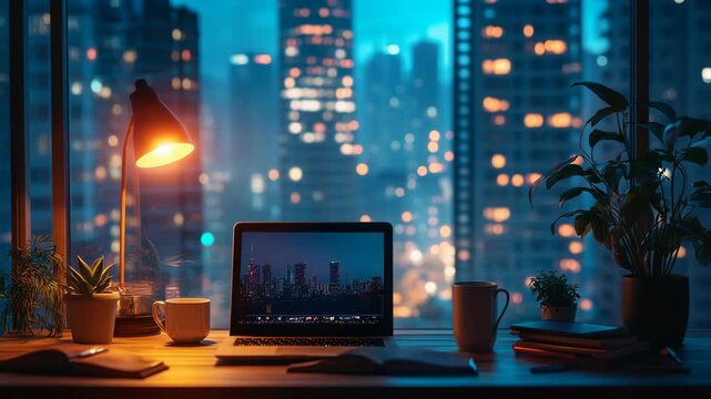 Cozy evening home office setup with laptop, books, and warm lamp light against city skyline, symbolizing remote work, creativity, productivity, modern lifestyle and peaceful urban night atmosphere