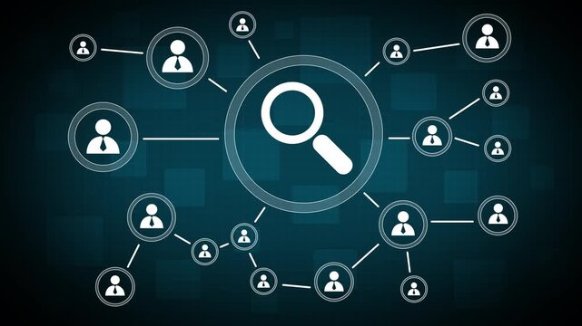 Search magnifier business online communication icon. People communication chain system animation background. 4k video