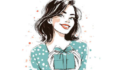 Happy Girl Holding Gift Box Vector Illustration with Outline