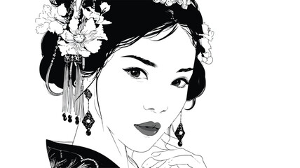 Elegant Traditional Chinese Dress Vector of Beautiful Girl with Outlines