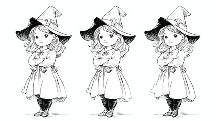 Adorable Little Girl in Witch Costume Vector with Outline for Halloween Celebration